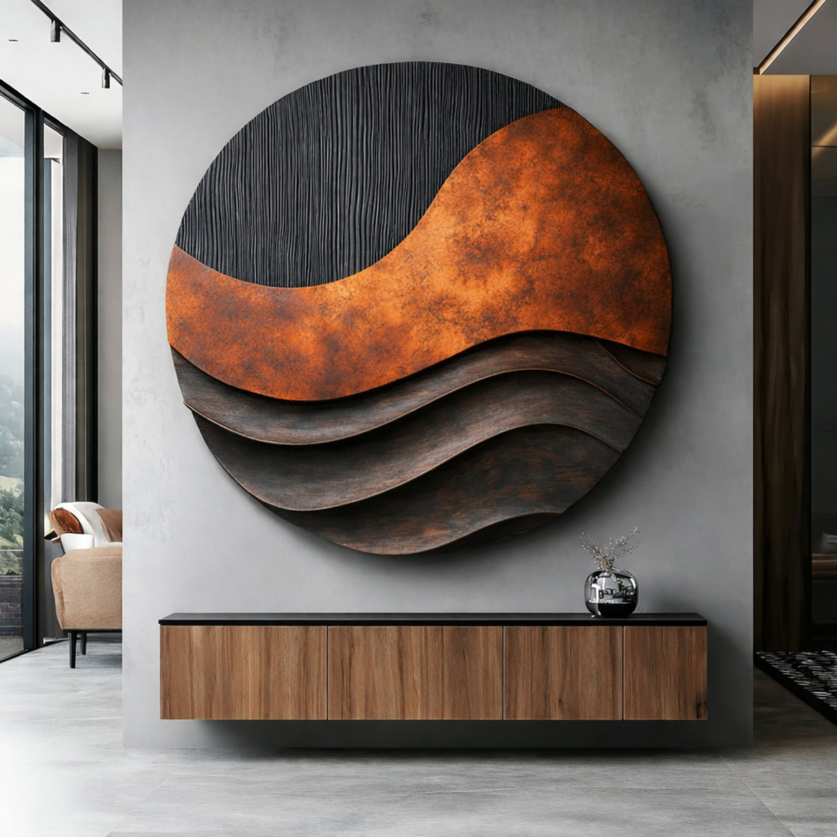Round Layered Wall Sculpture with Wave Form Relief