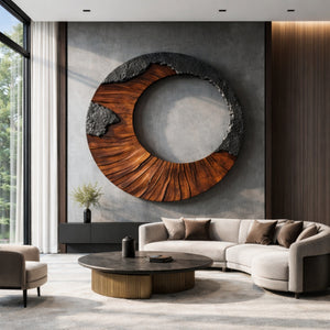 Round Solid Wood Wall Sculpture with Open Center and Textured Contrast