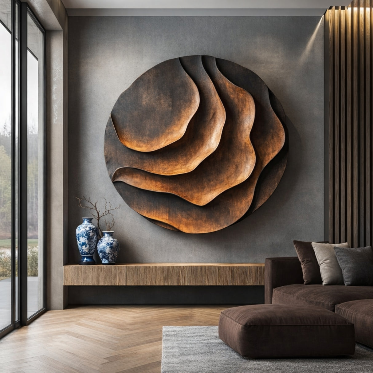 Round Solid Wood Layered Wall Art with Sculptural Relief Form