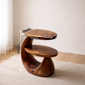 Sculptural Solid Wood Two Tier Side Table for Living Room