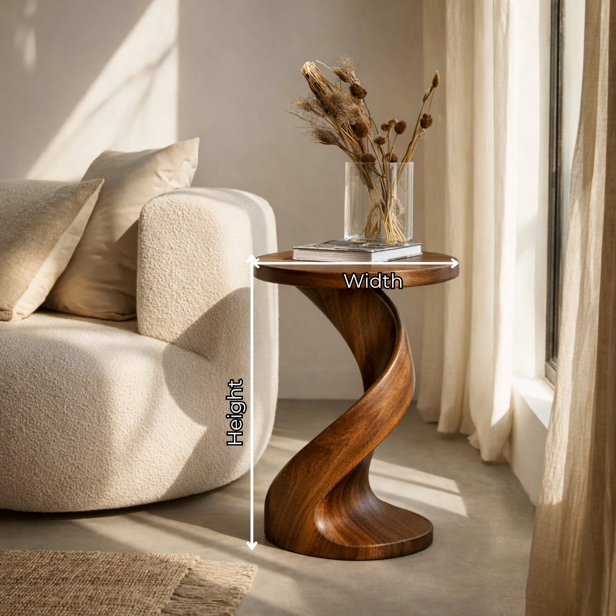 Modern Solid Wood Side Table with Twisted Pedestal Base for Living Room Seating