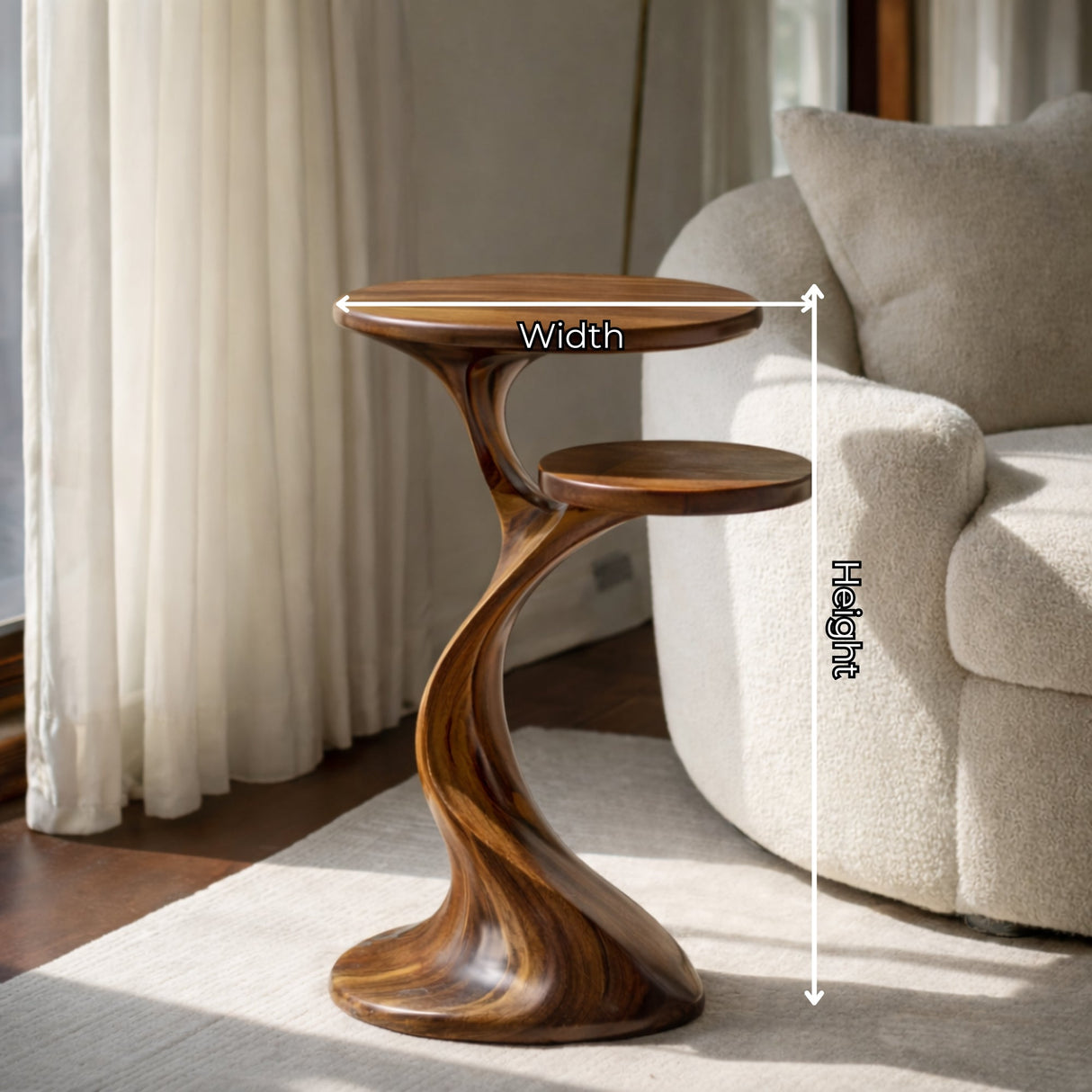 Solid Wood Two Tier Side Table Modern Sculpted Accent for Living Room Interior