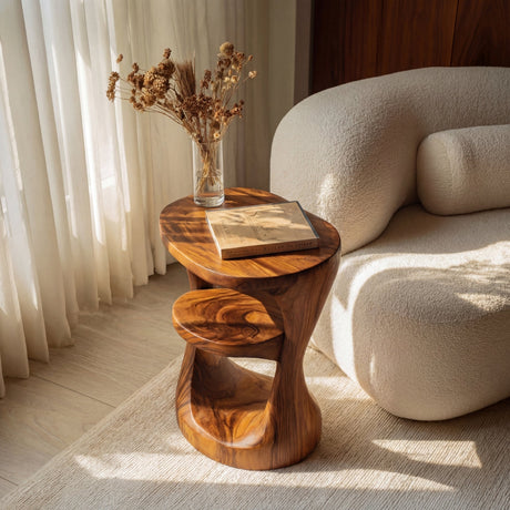 Solid Wood Side Table Two Tier Sculpted Arch Design for Living Room