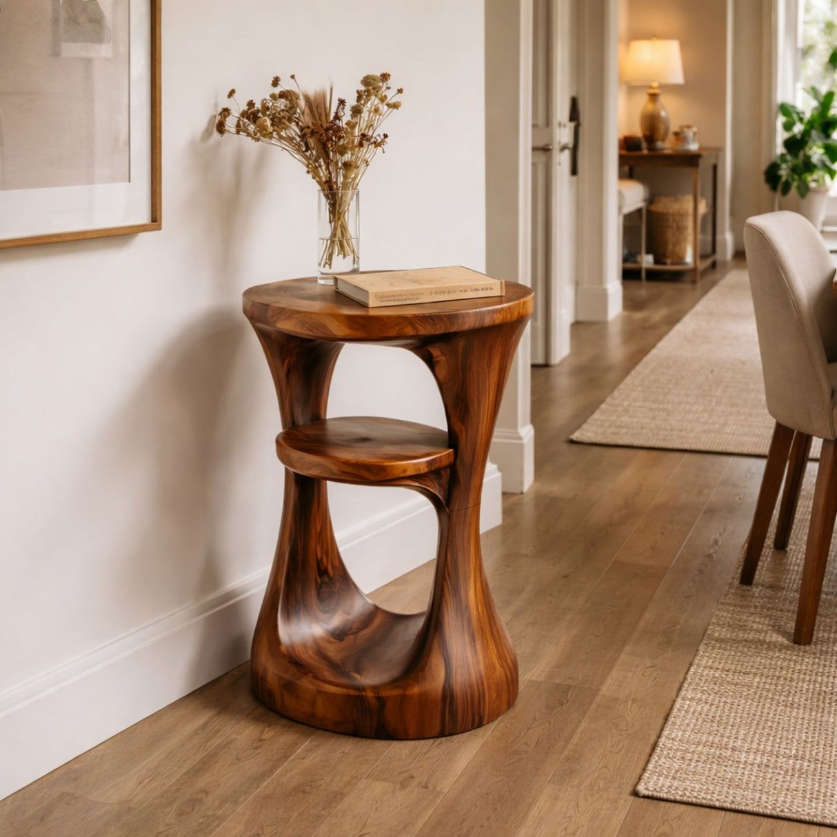 Solid Wood Side Table Two Tier Sculpted Arch Design for Living Room