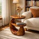 Side Table Solid Wood Two Tier Sculptural Design for Living Room