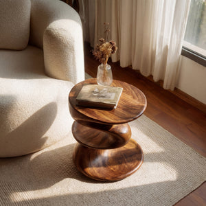 Solid Wood Spiral Two Tier Accent Table for Modern Living Room