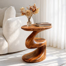 Curved Solid Wood Accent Table with Floating Shelf Modern Sculptural Side Table