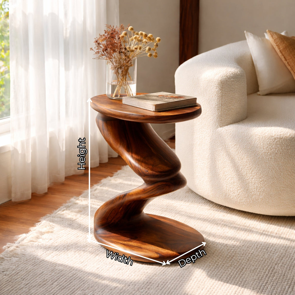 Curved Solid Wood Side Table with Sculptural Pedestal