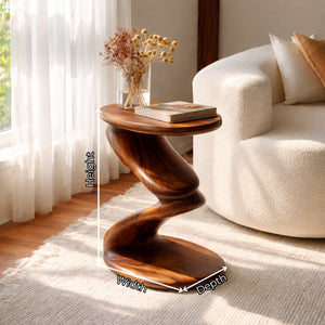 Curved Solid Wood Side Table with Sculptural Pedestal