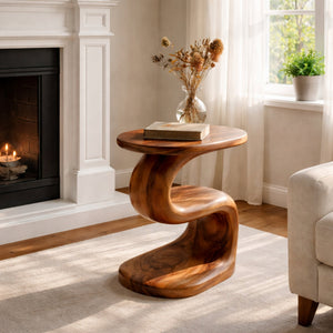 Curved Solid Wood Side Table Organic Two Level Accent Piece