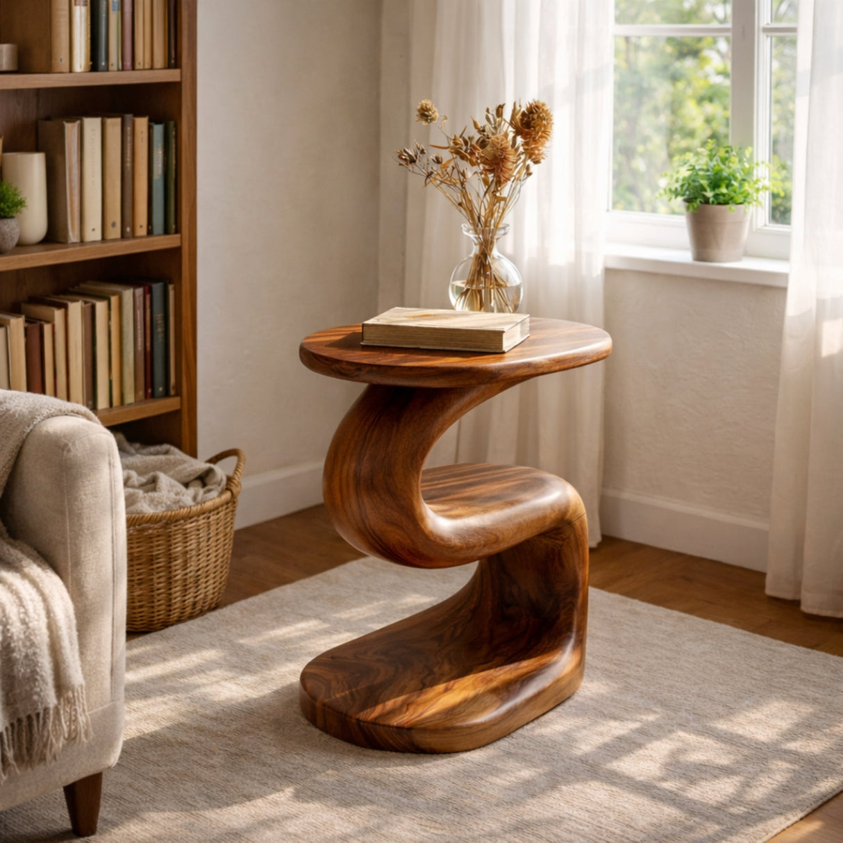 Curved Solid Wood Side Table Organic Two Level Accent Piece