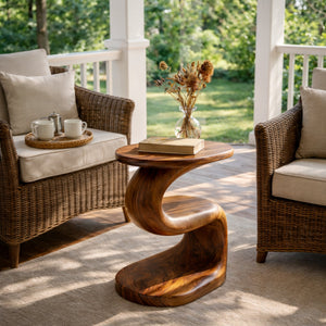 Curved Solid Wood Side Table Organic Two Level Accent Piece