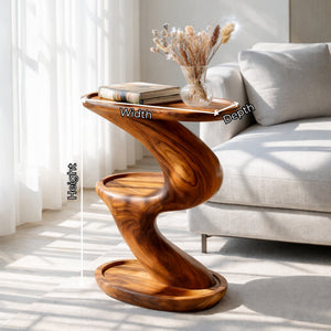 Sculptural Solid Wood Side Table Two Tier Design for Living Room and Reading Corner
