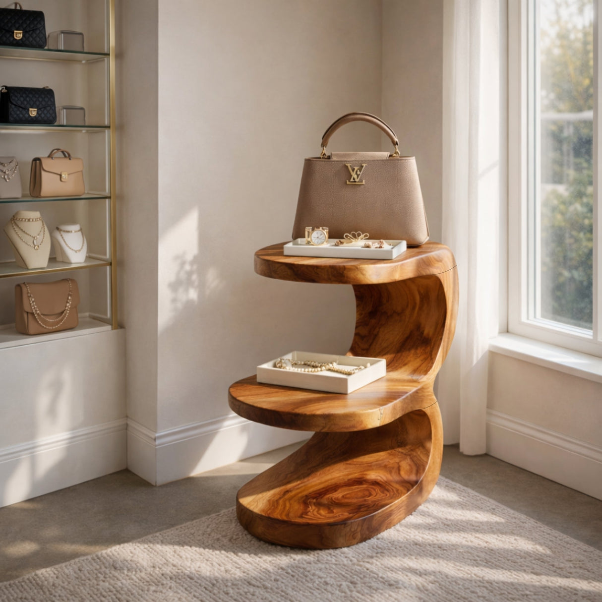 Organic Two Tier Solid Wood Side Table for Sofa or Reading Nook
