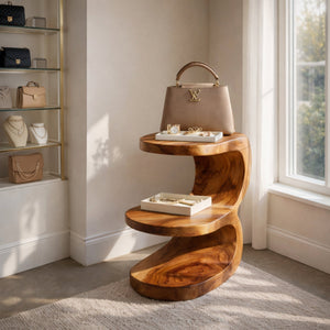 Organic Two Tier Solid Wood Side Table for Sofa or Reading Nook