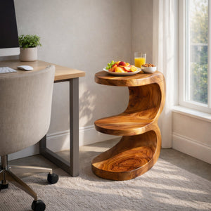 Organic Two Tier Solid Wood Side Table for Sofa or Reading Nook