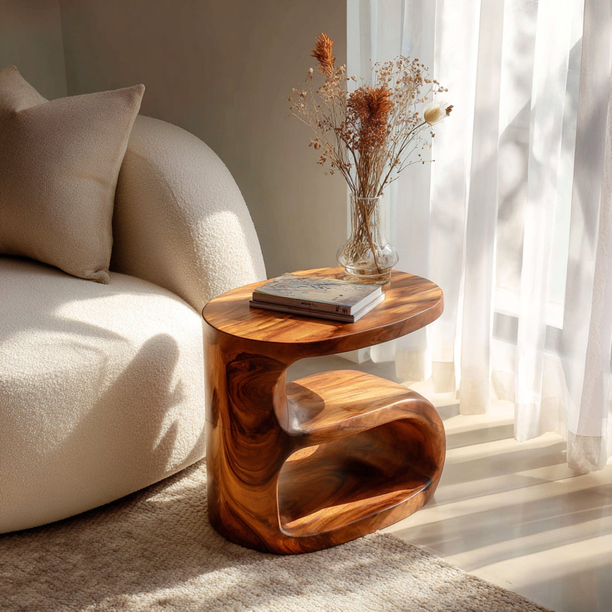 Solid Wood Sculptural Side Table for Sofa and Reading Corner