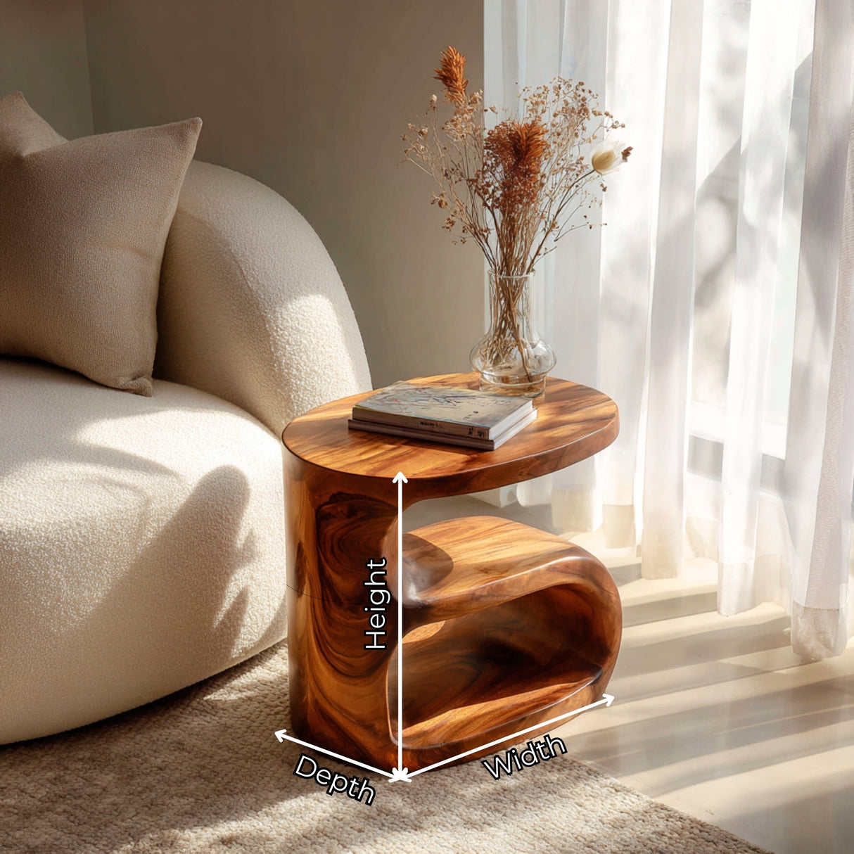 Solid Wood Sculptural Side Table for Sofa and Reading Corner