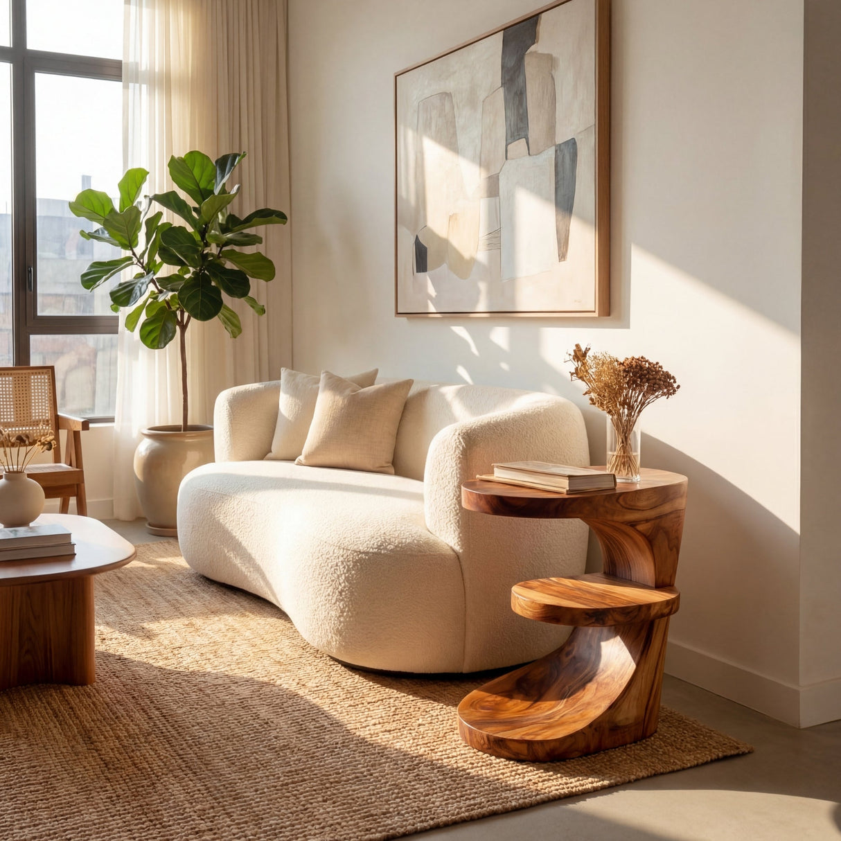 Sculptural Solid Wood Side Table for Living Room and Reading Nook