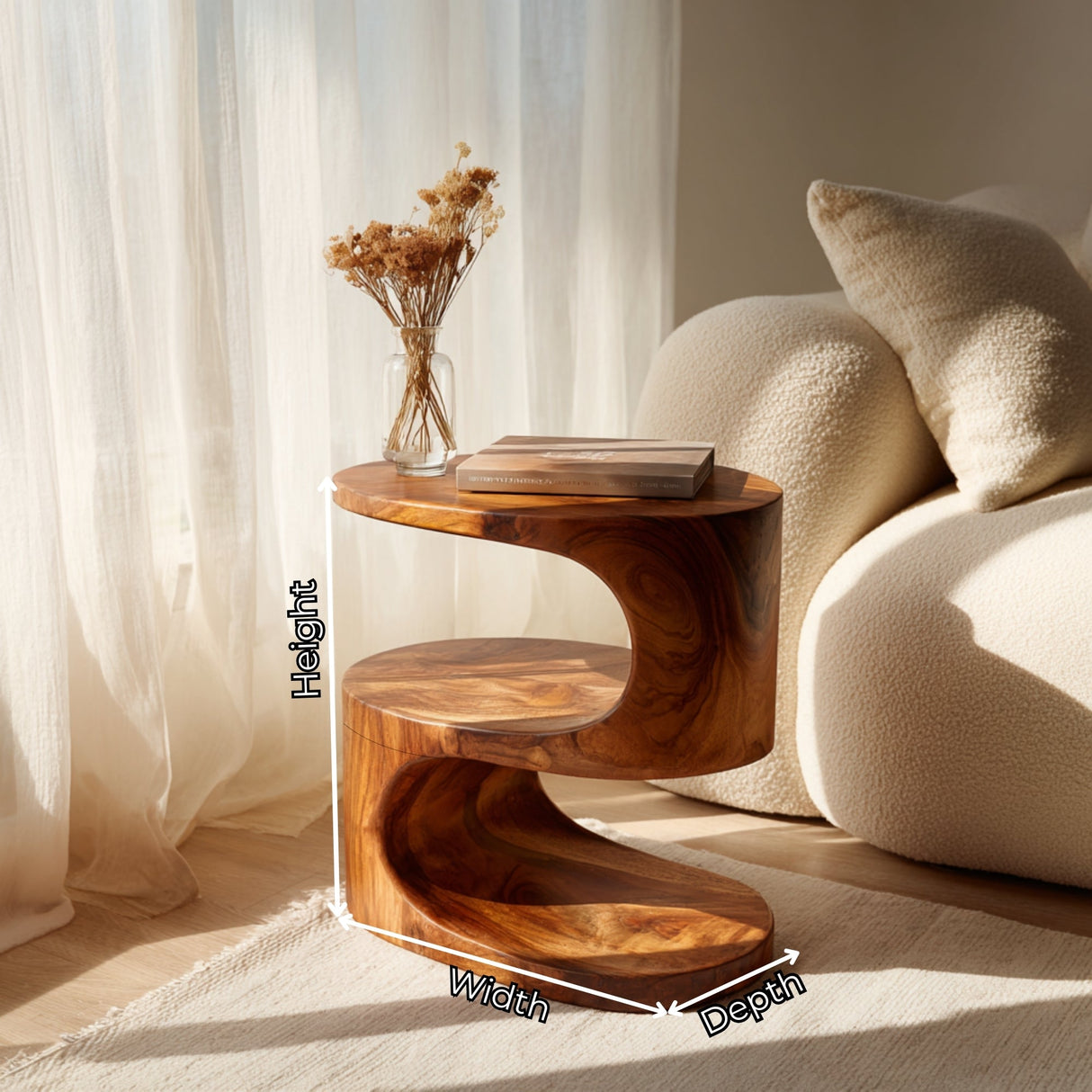 Curved Solid Wood Side Table Two Tier Organic Design for Living Room
