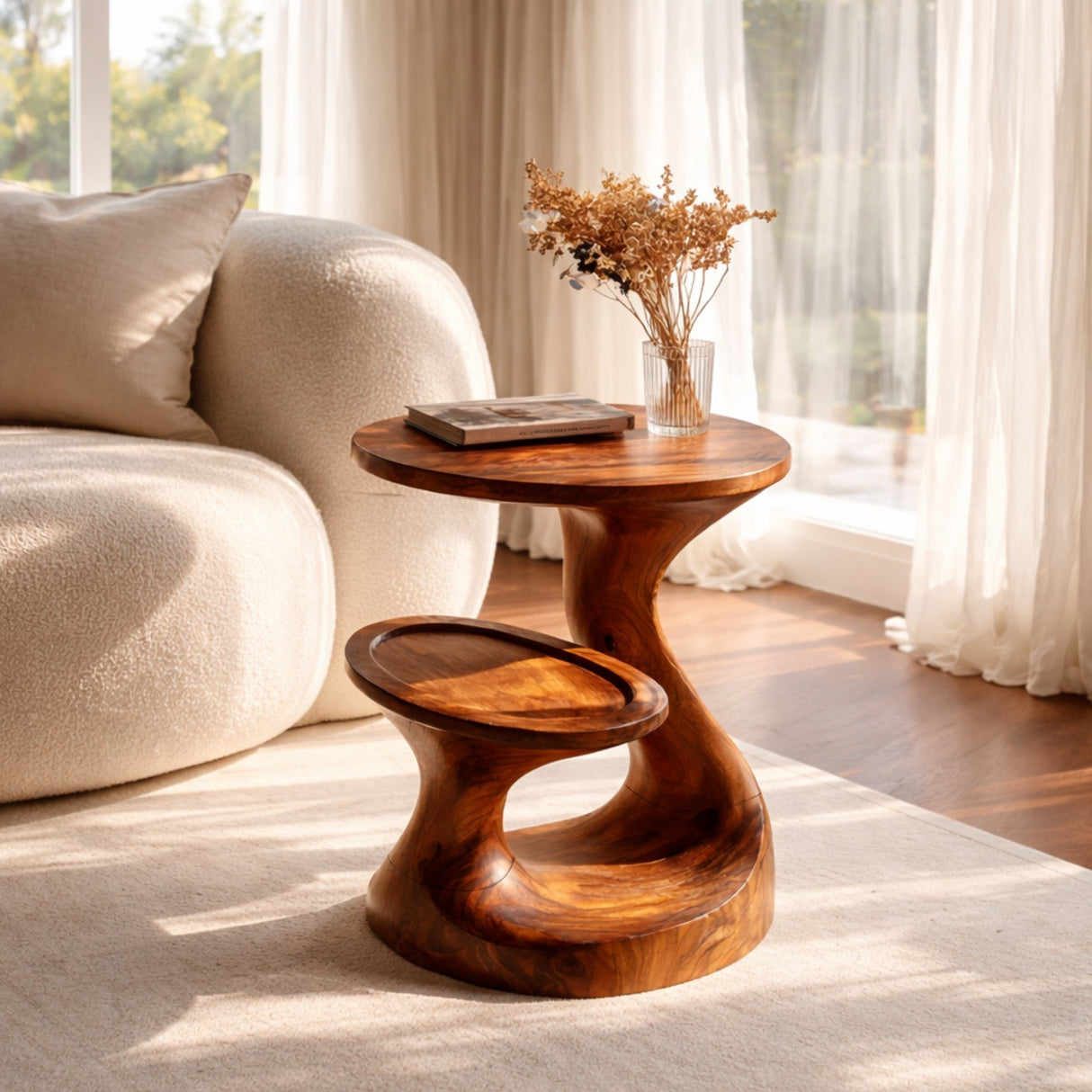 Organic Solid Wood Sculptural Side Table for Living Room Decor