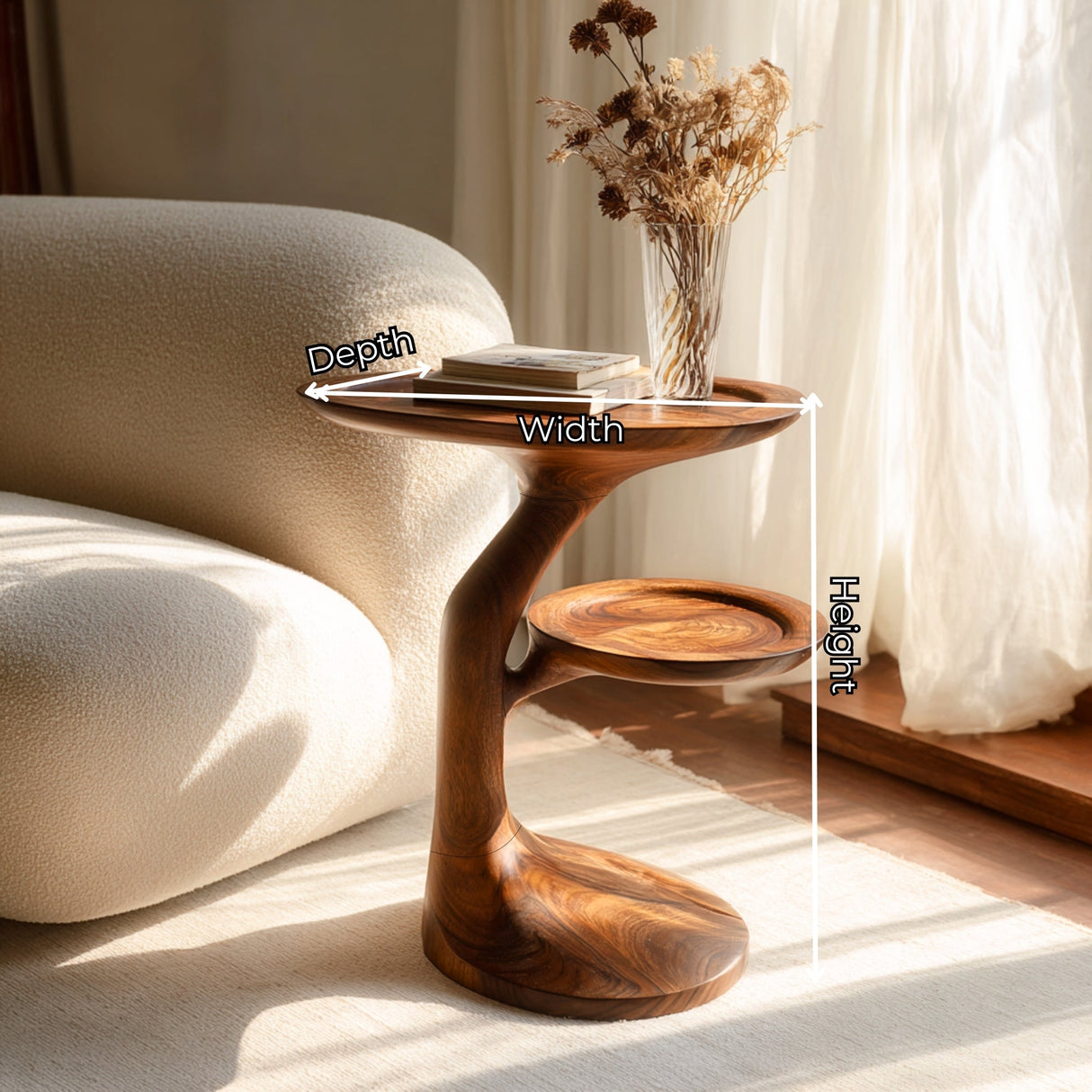 Sculptural Solid Wood Side Table with Offset Shelf for Living Room or Reading Nook