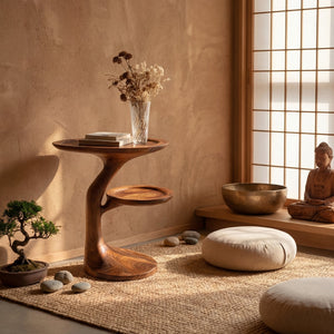 Sculptural Solid Wood Side Table with Offset Shelf for Living Room or Reading Nook