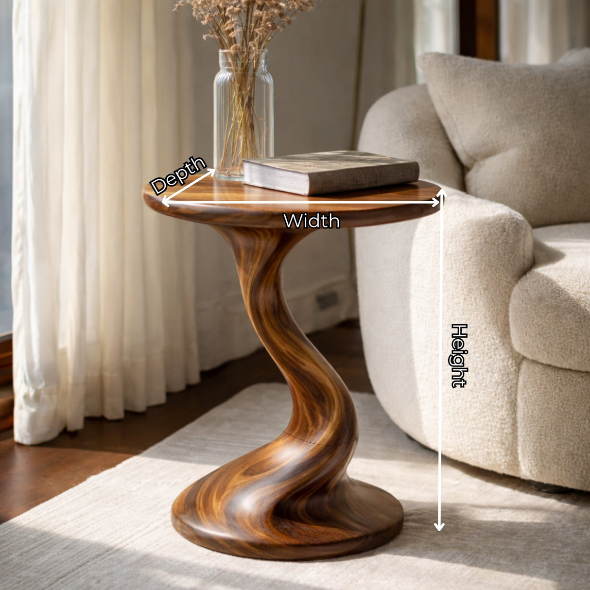Solid Wood Sculptural Accent Table Organic Twist Design for Living Room Seating