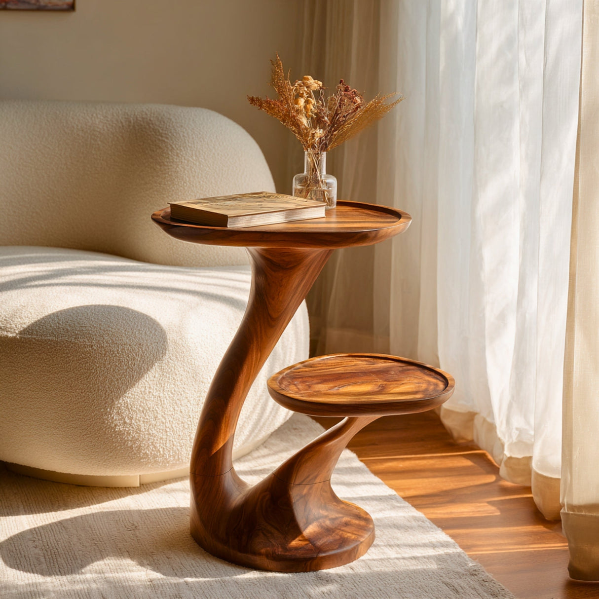 Sculptural Two-Tier Solid Wood Side Table for Living Room and Reading Corner Decor