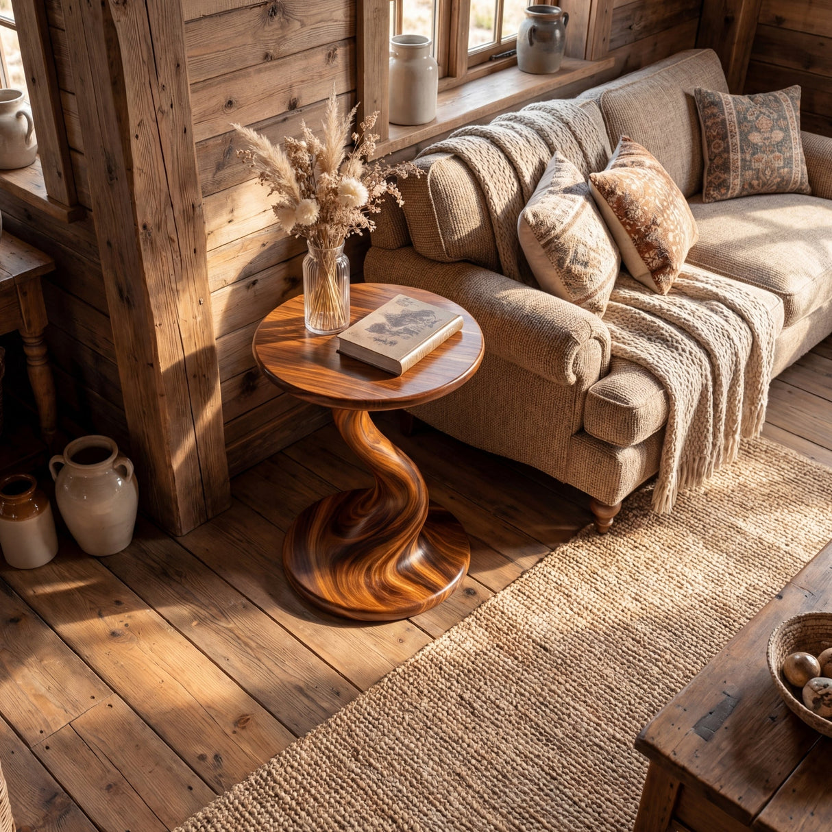 Solid Wood Sculptural Accent Table Organic Twist Design for Living Room Seating
