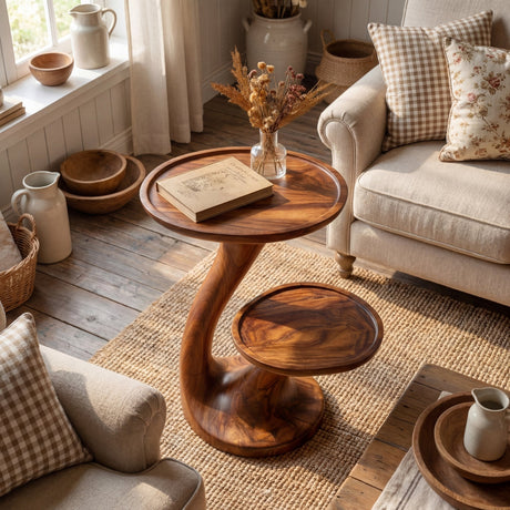 Sculptural Two-Tier Solid Wood Side Table for Living Room and Reading Corner Decor