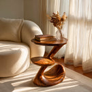 Sculptural Two-Tier Solid Wood Side Table for Living Room