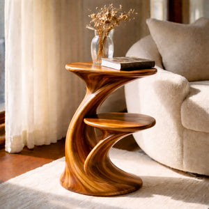 Sculptural Two Tier Solid Wood Side Table for Living Room and Reading Corner