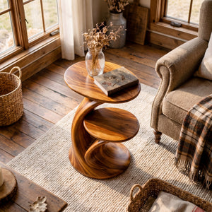 Sculptural Two Tier Solid Wood Side Table for Living Room and Reading Corner