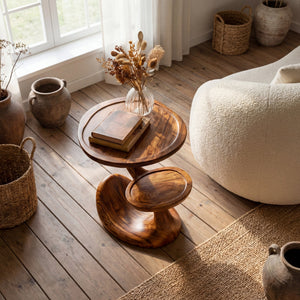 Sculptural Two-Tier Solid Wood Side Table for Living Room
