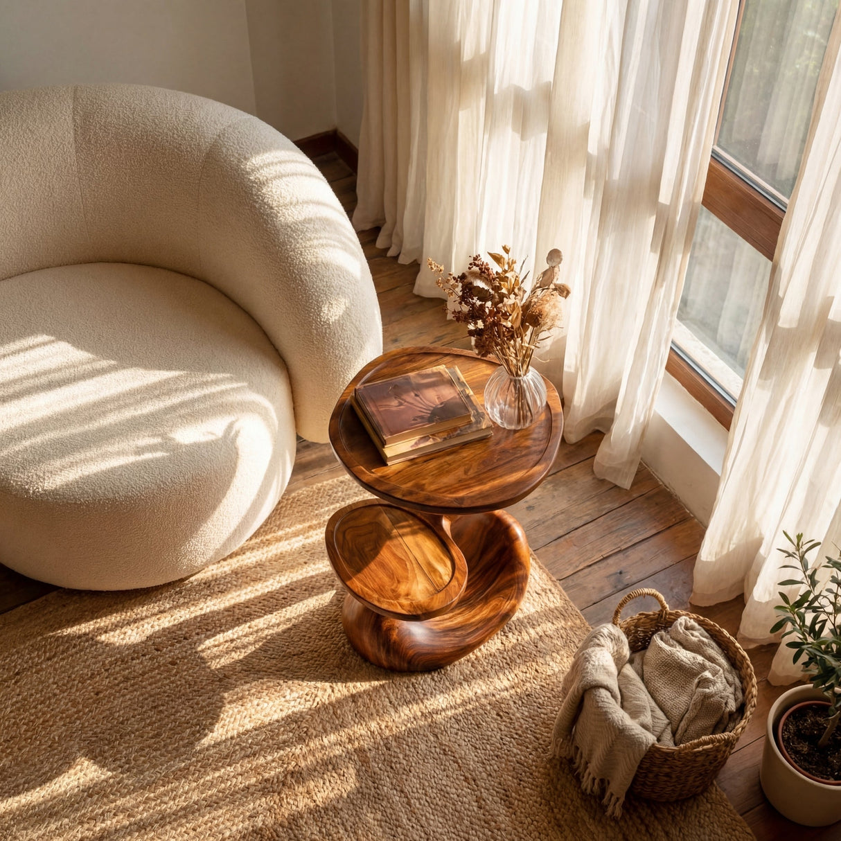Sculptural Two-Tier Solid Wood Side Table for Living Room