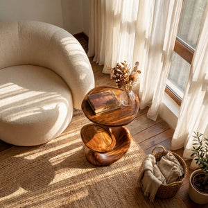 Sculptural Two-Tier Solid Wood Side Table for Living Room