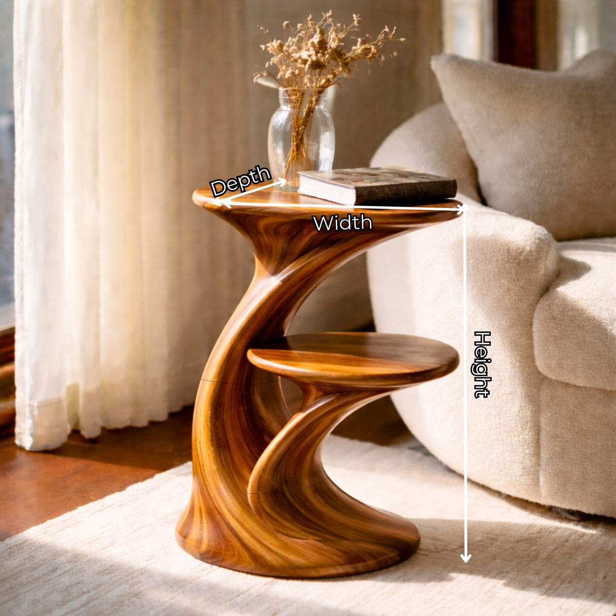 Sculptural Two Tier Solid Wood Side Table for Living Room and Reading Corner