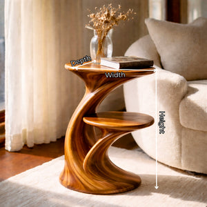 Sculptural Two Tier Solid Wood Side Table for Living Room and Reading Corner
