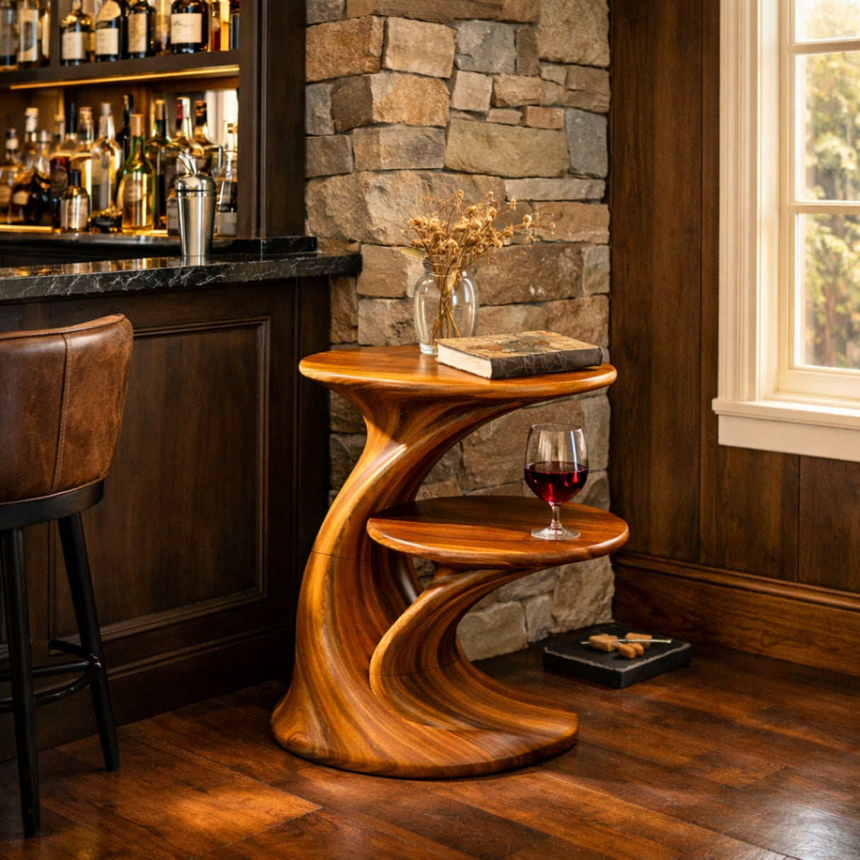 Sculptural Two Tier Solid Wood Side Table for Living Room and Reading Corner