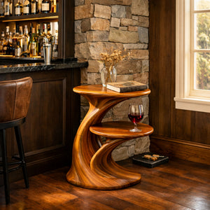 Sculptural Two Tier Solid Wood Side Table for Living Room and Reading Corner