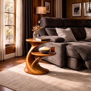 Sculptural Two Tier Solid Wood Side Table for Living Room and Reading Corner