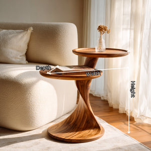 Two Tier Sculptural Solid Wood Side Table for Living Room and Reading Corner