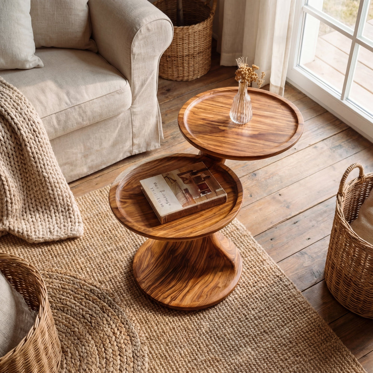Two Tier Sculptural Solid Wood Side Table for Living Room and Reading Corner