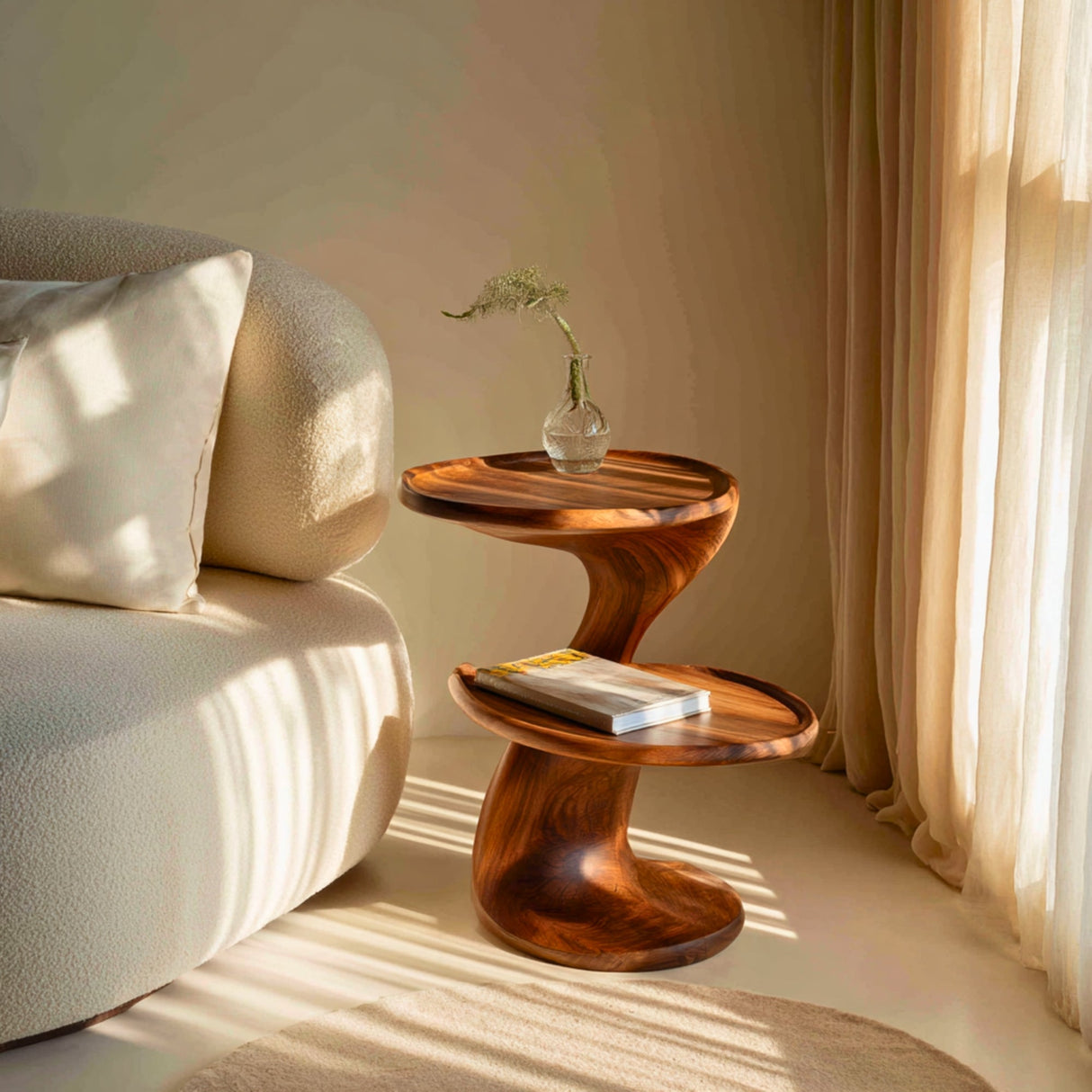 Two Tier Solid Wood Side Table for Living Room or Bedroom Sculptural Accent
