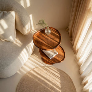 Two Tier Solid Wood Side Table for Living Room or Bedroom Sculptural Accent