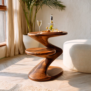 Two Tier Sculptural Solid Wood Side Table for Living Room and Lounge Styling