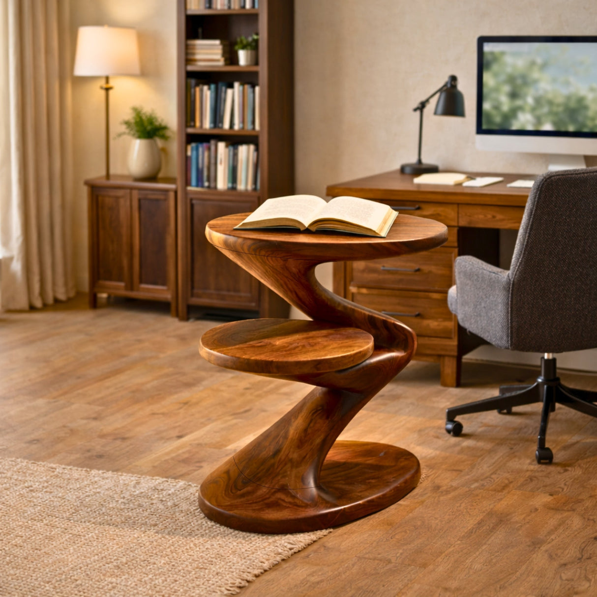 Two Tier Sculptural Solid Wood Side Table for Living Room and Lounge Styling