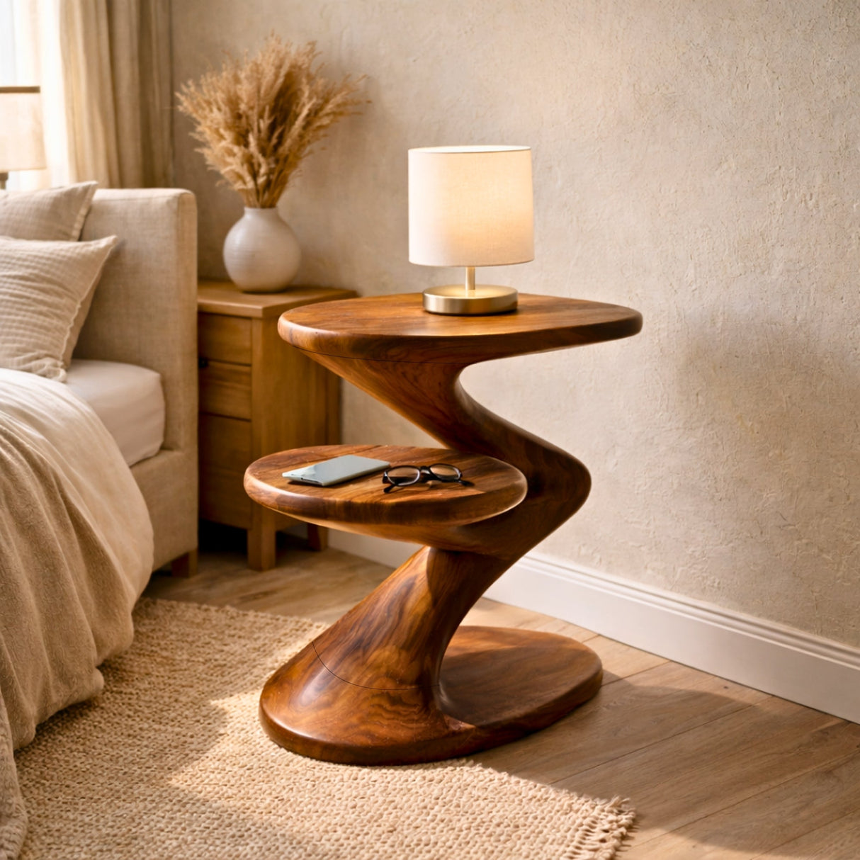 Two Tier Sculptural Solid Wood Side Table for Living Room and Lounge Styling