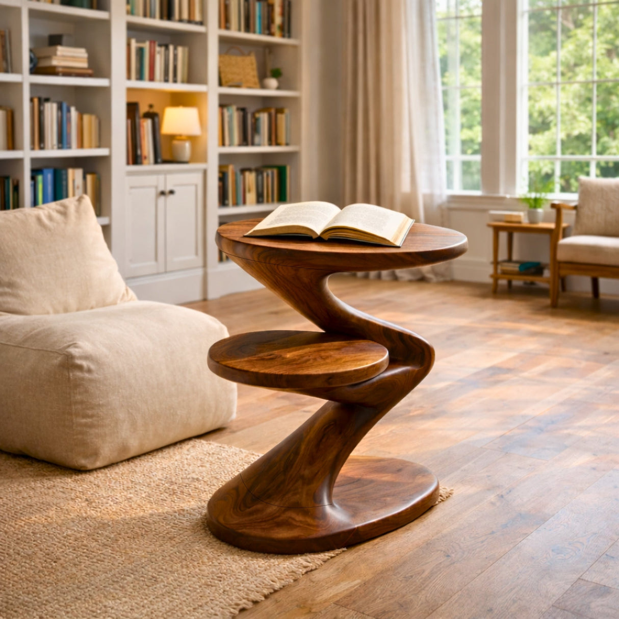 Two Tier Sculptural Solid Wood Side Table for Living Room and Lounge Styling